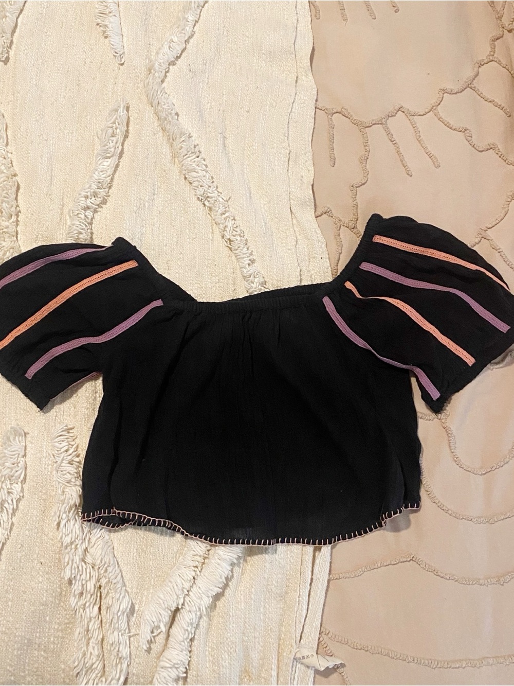 Black Off-Shoulder Cropped Top with Pink & Purple Stripes